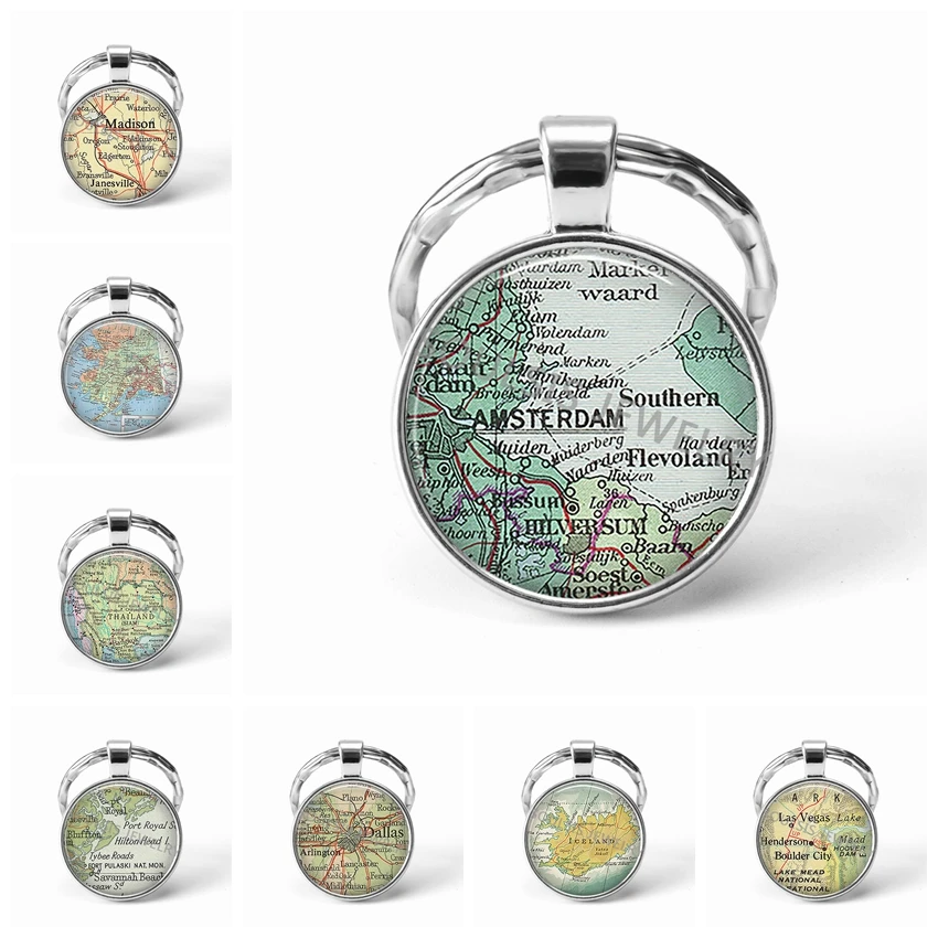 2018 Newest Metal Keychain Handmade Vintage Iceland World Map Earth Geography Key Chain Glass Dome Keychains for Men Women Gift Fashion Jewelry