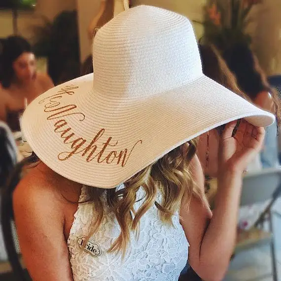 Настроить любой текст невесты медовый месяц пляжная шляпа гибких Шапки-миссис пляж шляпа-Персонализированные Свадебные Floppy Шапки подарок для невесты