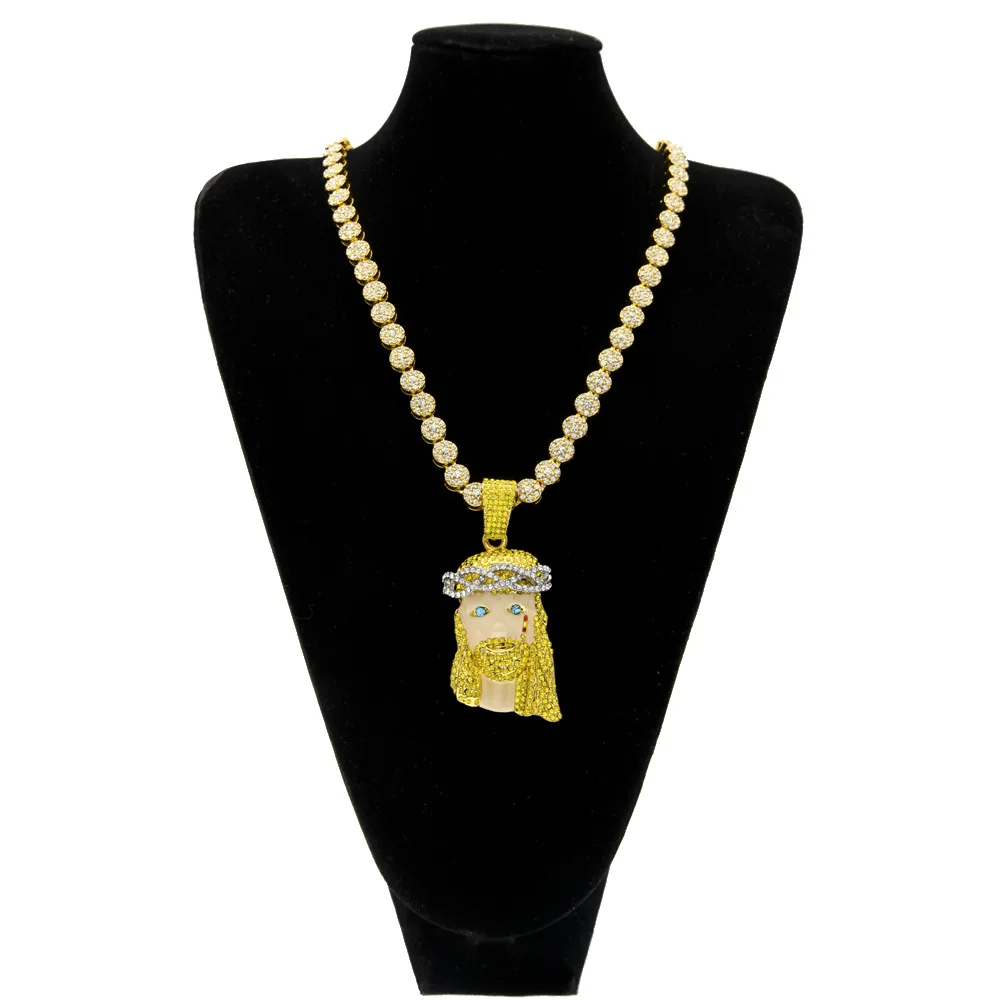 

The new men's hip-hop necklace Jesus pendant round color row rhinestone chain