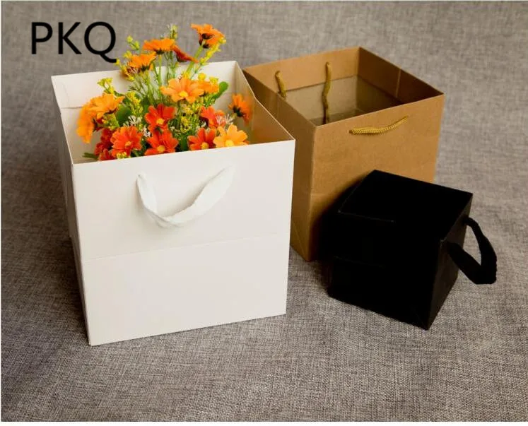 

50Pcs/lot Large Square bottom paper bag for cake flower white black kraft paper gift flower packaging bag with handle