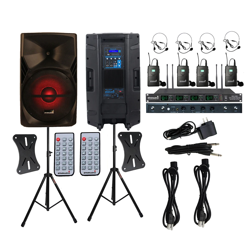 

STARAUDIO Pair 15 Inch 3500W Active Powered KTV Club Party Speakers DJ PA Stands 4CH UHF Wireless Headset Microphone SPS-15RGB