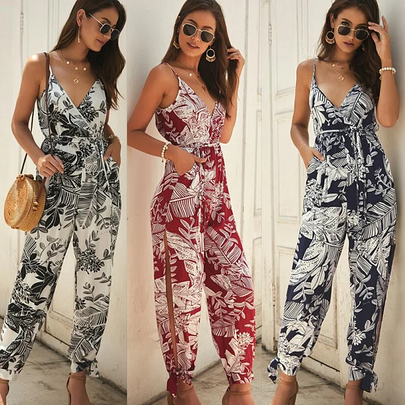

Floral Print Overalls Female Sexy Sling Jumpsuits Backless Drawstring Women Bodysuits Slim Summer Boho Playsuits Beach Rompers