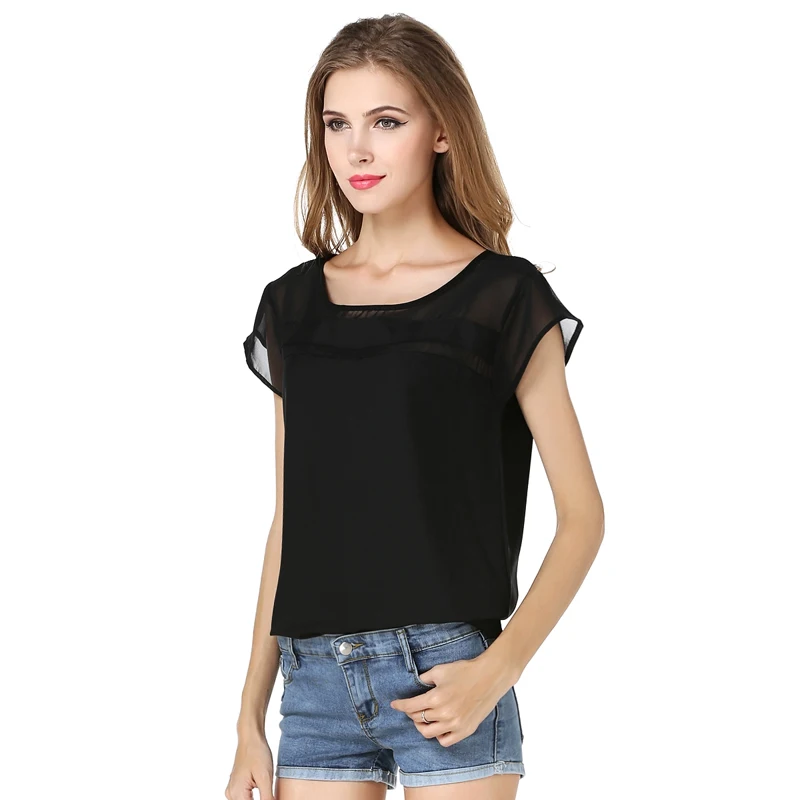 Pure color chiffon summer top S XXL women short sleeve O neck sheer
