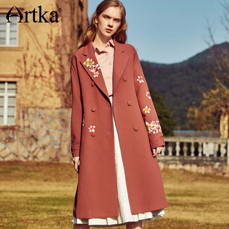 

ARTKA Spring&Summer New Women's Long Embroidery Bean Red Double Breasted Floral Outwear Trench FA10181C