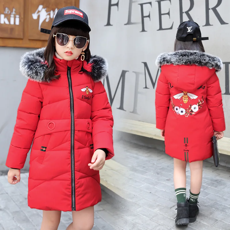 

Cute bee pattern and abstract letter decoration for girls winter down jacket thick UV protection children's cotton clothing