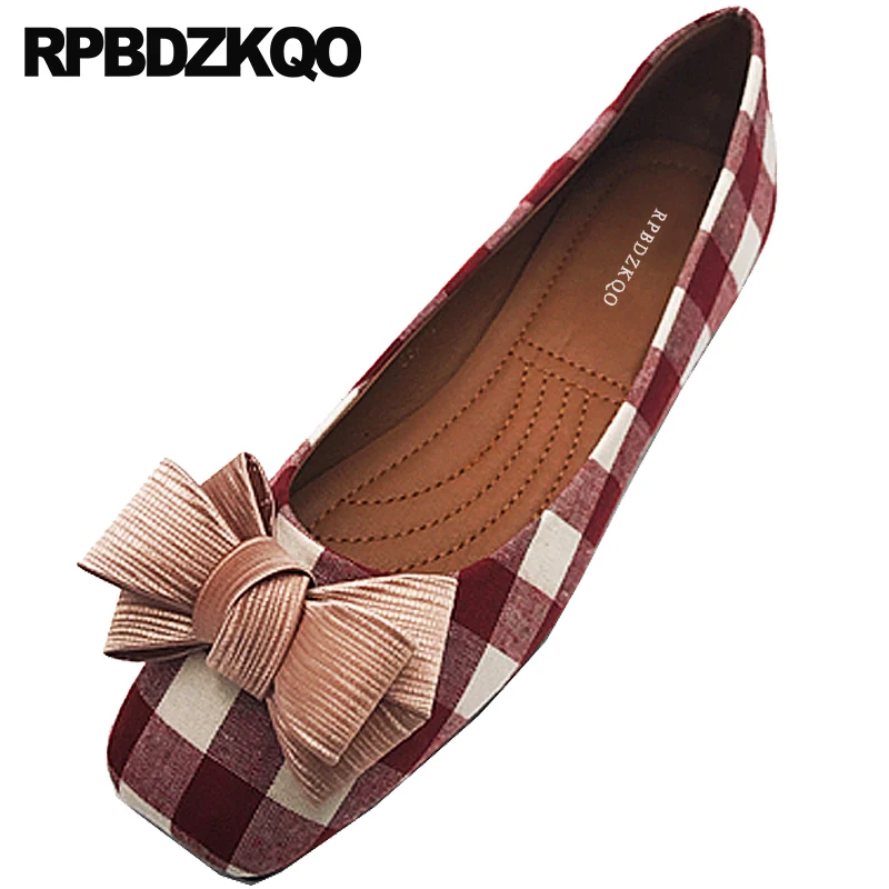 

retro gingham plaid square toe large size slip on bow red breathable women flats shoes with little cute bowtie designer cloth