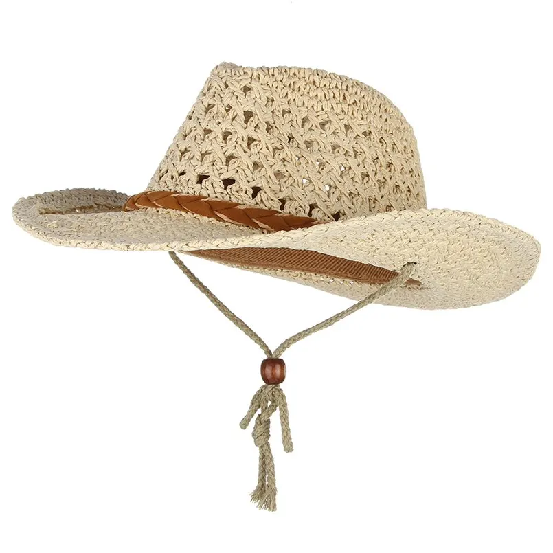 GEMVIE ковбойская шляпа летние головные уборы для мужчин и женщин бумажный соломенный тканый с широкими полями соломенная шляпа с ветровым шнурком унисекс пляжная шляпа от солнца - Цвет: Beige