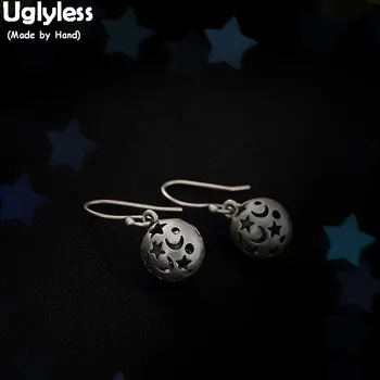 

Uglyless Real Solid 990 Silver Fine Jewelry for Women Hollow Star Moon Earrings Lovely Girls Students Ball Earrings Thai Silver