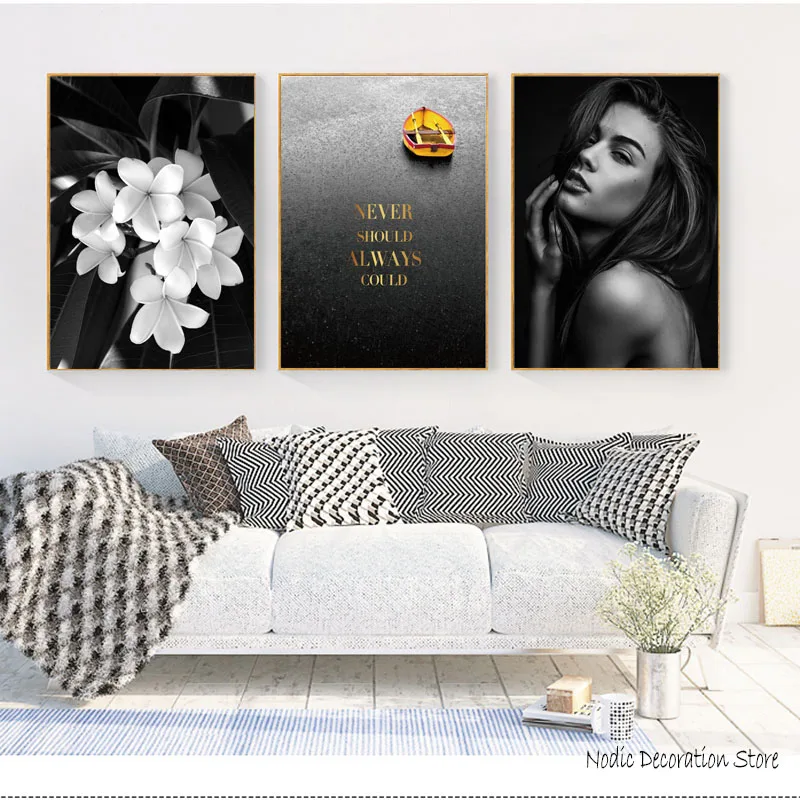 

Black And White Wall Wrt Flower Poster Girl Nordic Yellow Raining Boat Gold Letter Posters And Prints Wall Picture Art Unframed