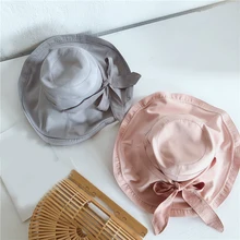 Новая женская хлопковая Солнцезащитная складная шляпа с бантом, женская летняя пляжная Рыбацкая шляпа с широкими полями