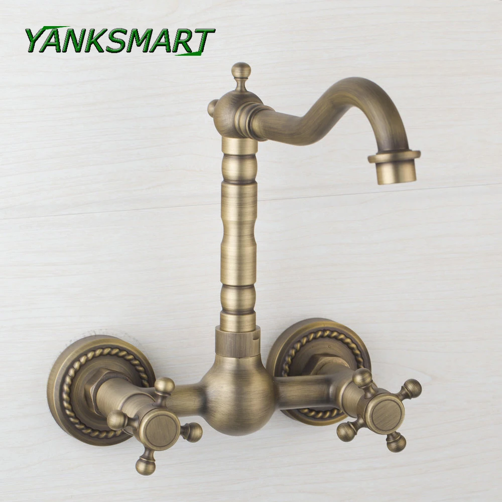 YANKSMART Wall Mounted Solid Antique Brass Swivel Spout Shower Dual cross handles Mixer Faucet