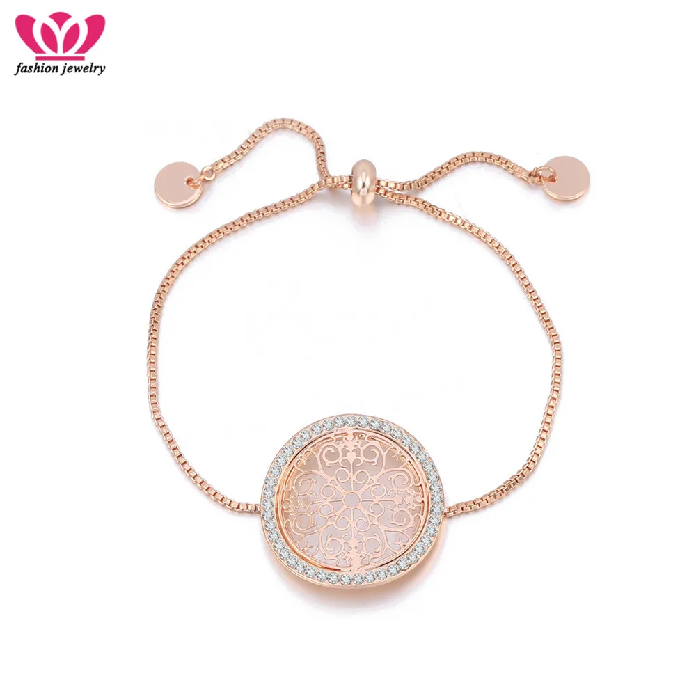 

Rose Gold Hollow Round Flower Pattern Charm Bracelets Women Trendy Style Crystal Adjustable Bracelet Jewelry Female Best Gifts