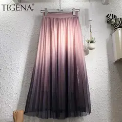 Tigena новый красивый градиент тюлевые женские юбки 2019 Лето Высокая талия плиссированные Длинная юбка миди женский Повседневное школьная