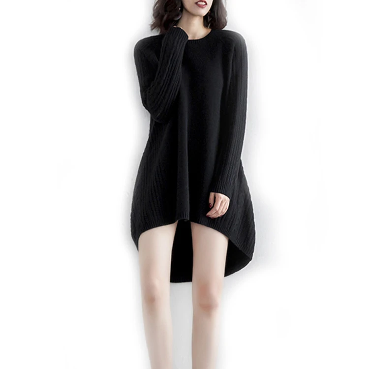 100%cashmere knit women new fashion wide loose pullover sweater dress irregular mid long slim showi