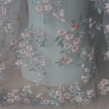 

1 Yard 130cm Wide Boutique Embroidery Tulle Mesh Lace Fabric In Pink+Silver For Wedding Dress/Evening Dress Free Shipping