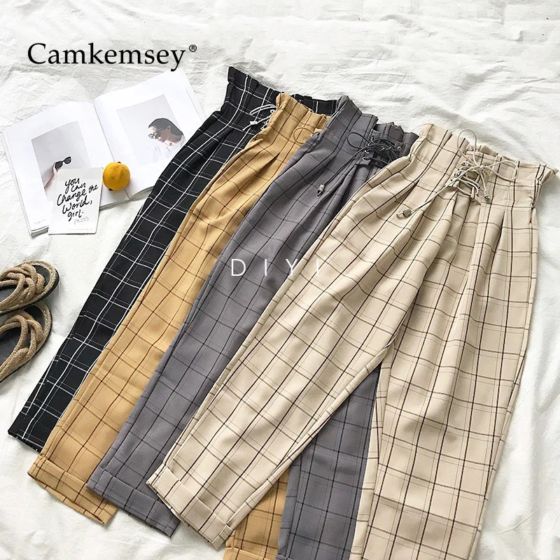 

CamKemsey Fashion Lace Up Vintage Plaid High Waist Loose Ankle Length Pants Women 2019 New Japanese Harajuku Casual Harem Pants