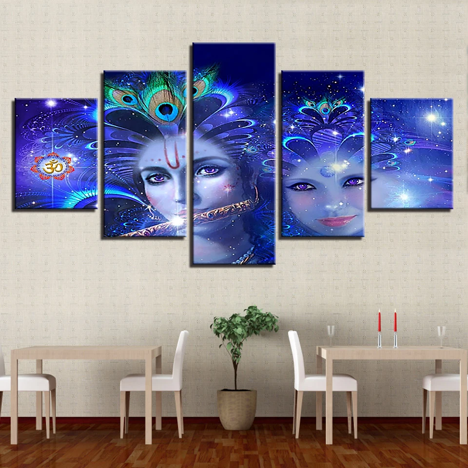 

Canvas Painting Modular HD Prints Pictures Home Decor 5 Pieces Beautiful Hindu God Radha And Krishna Poster Living Room Wall Art