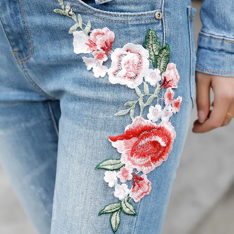 Женская уличная одежда комплект из двух предметов вышивка цветок однобортный джинсовая куртка прямые джинсы с принтом длинные брюки костюм XS-XL