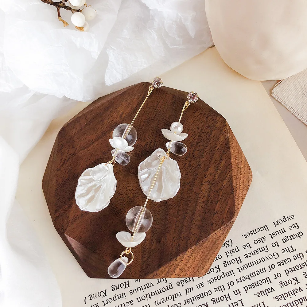 

Fashion Earrings Water Drops Shell Flowers Asymmetrical Long Holiday Style Earrings Literary Retro Temperament Earrings