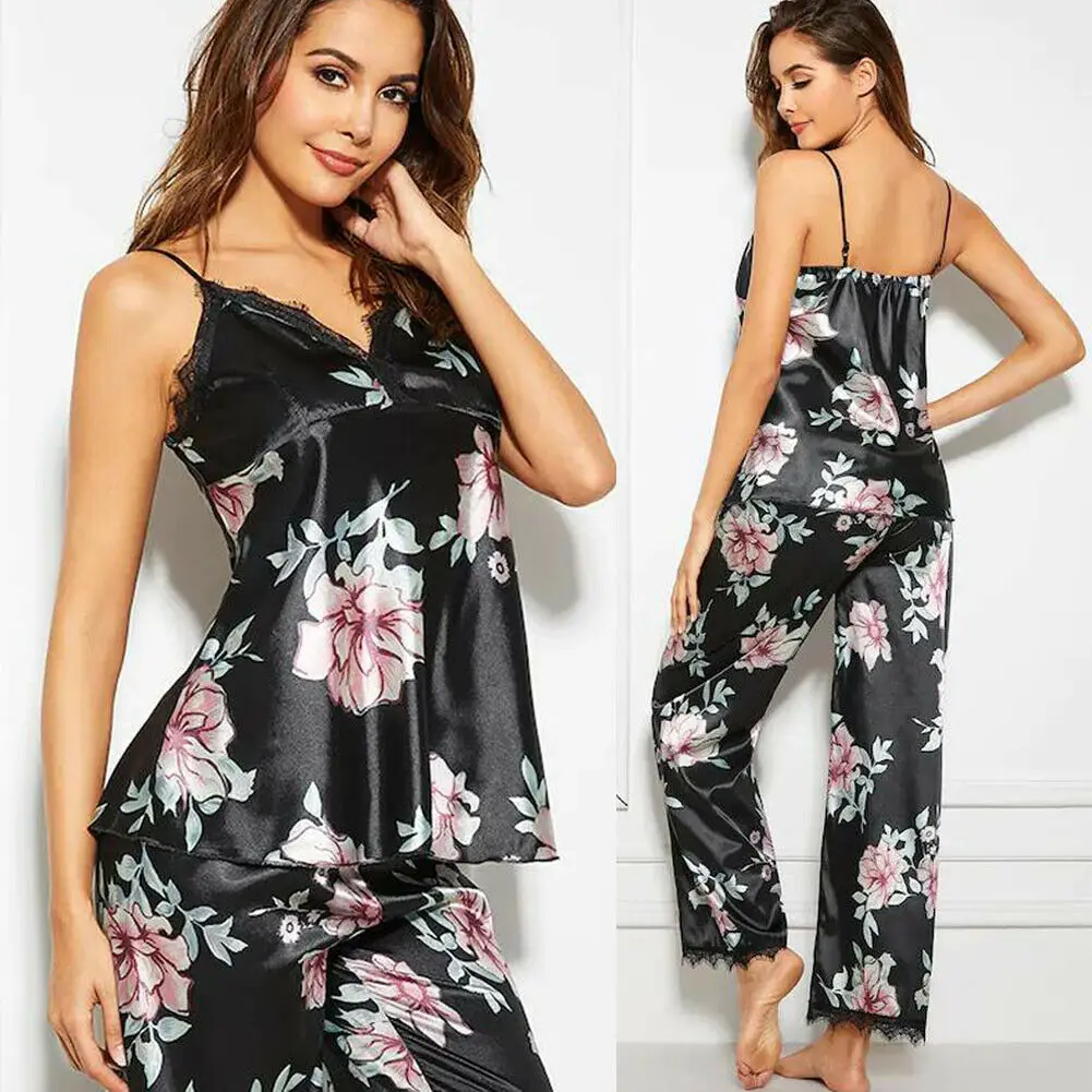 

Women Pajamas Sexy Sets Sleeveless V-Neck Top Long Pants Sleepwear Ladies Casual Black Floral Nightwear