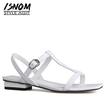

ISNOM Thick Low Heels Sandals Women Open Toe Footwear T Strap Sandals Genuine Leather Shoes T Strap Shoes Woman Summer 2019 New