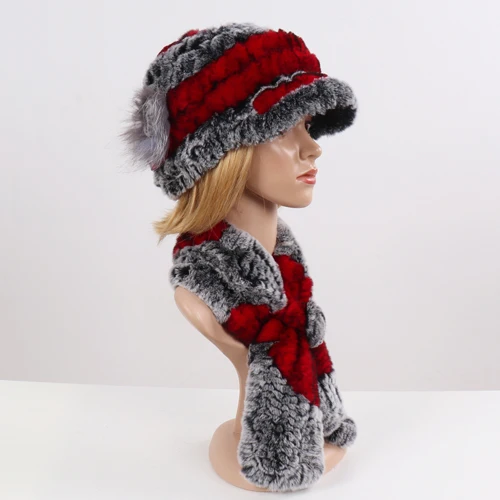 grey red Новинка, модная меховая шапка для девушек, женская зимняя шапка, натуральный настоящий мех кролика, шапка, шарф, люкс Качество, женская шапка из натурального меха, глушитель - Цвет: grey red