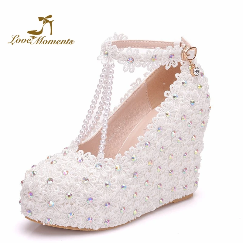 

Handmade White Lace Wedding Shoes with T-Strap Buckle Straps 11cm Wedge High Heel Bridal Dress Shoes AB Crystal Women Pumps