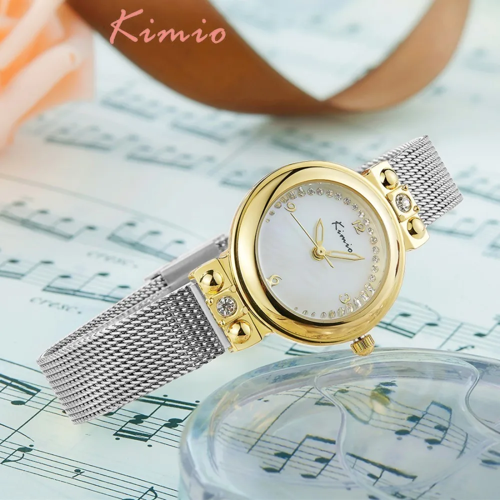 KIMIO Retro Unique Watch Women Mesh Stainless Steel Bracelet Diamond Gold Quartz Woman Watches 2018 Brand Luxury Dropshipping
