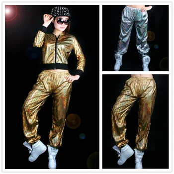 

Adult Kids Paillette Costumes Laser Reflective Sequins Jazz Glossy Gold Silver plaid loose joggers Harem Hip Hop Dance Pants