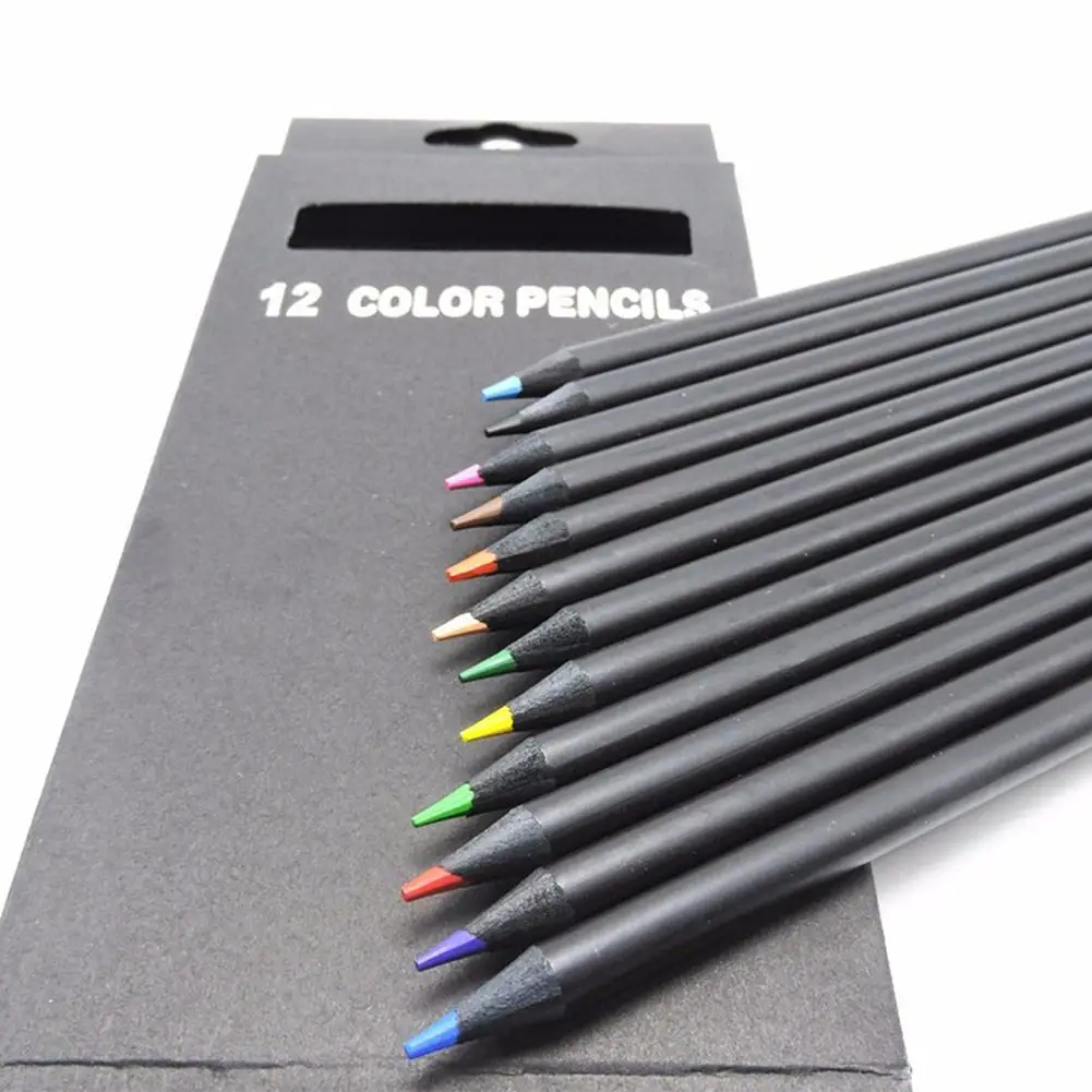 

12 Pcs/Set Valued Color Pencil Packaging 12 Different Colours Colored Pencils Kawaii School Black Wooden Pencils High Quality