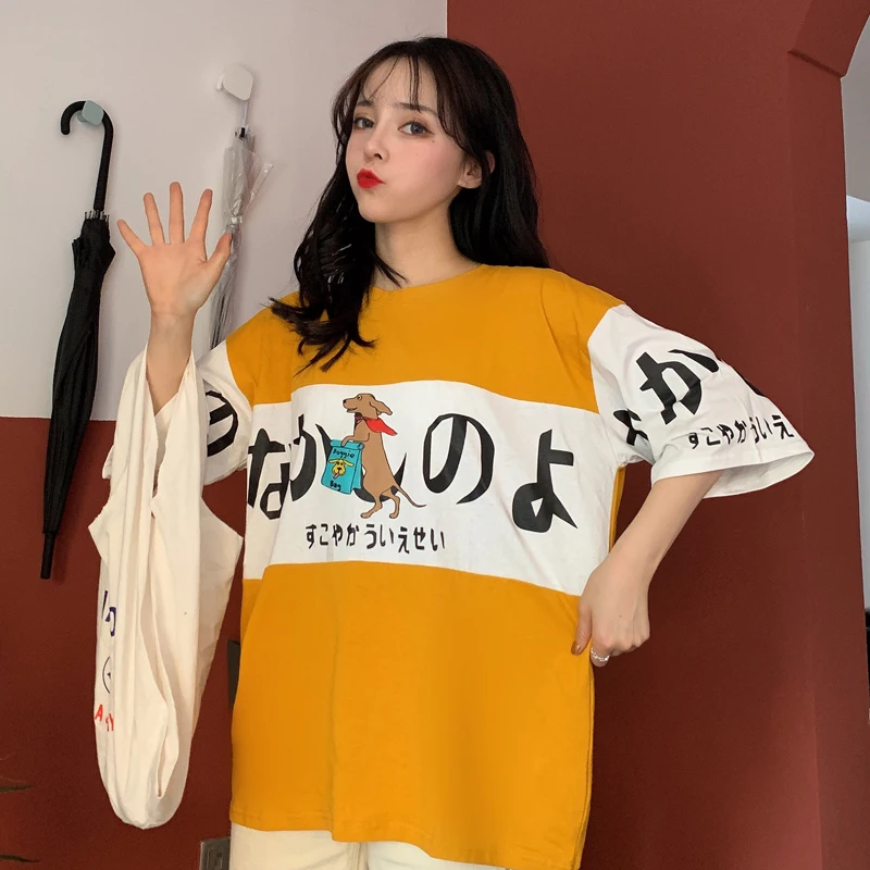 Ulzzang, летние милые японские топы с рисунками из мультфильмов, новинка, Harajuku, женская, три четверти, Корея, большой размер, свободная, повседневная, забавная, хлопковая футболка