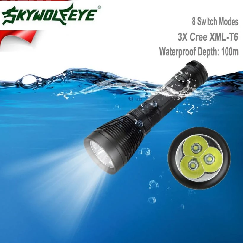 

JA 10 Shining Hot Selling Fast Shipping Outdoor 8000LM 3x XML-T6 LED Scuba Diving Underwater 100M Flashlight Torch Waterproof