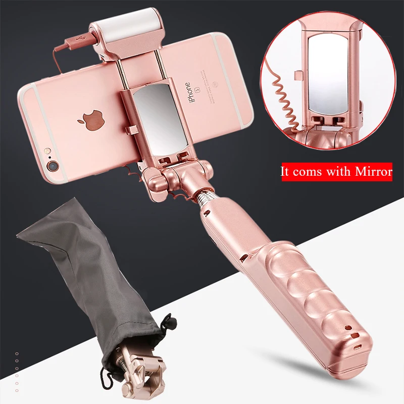 MiniPai Selfie Stick with Rear Mirror Bluetooth and Light Remote Shutter Monopod Fill Light for iPhone