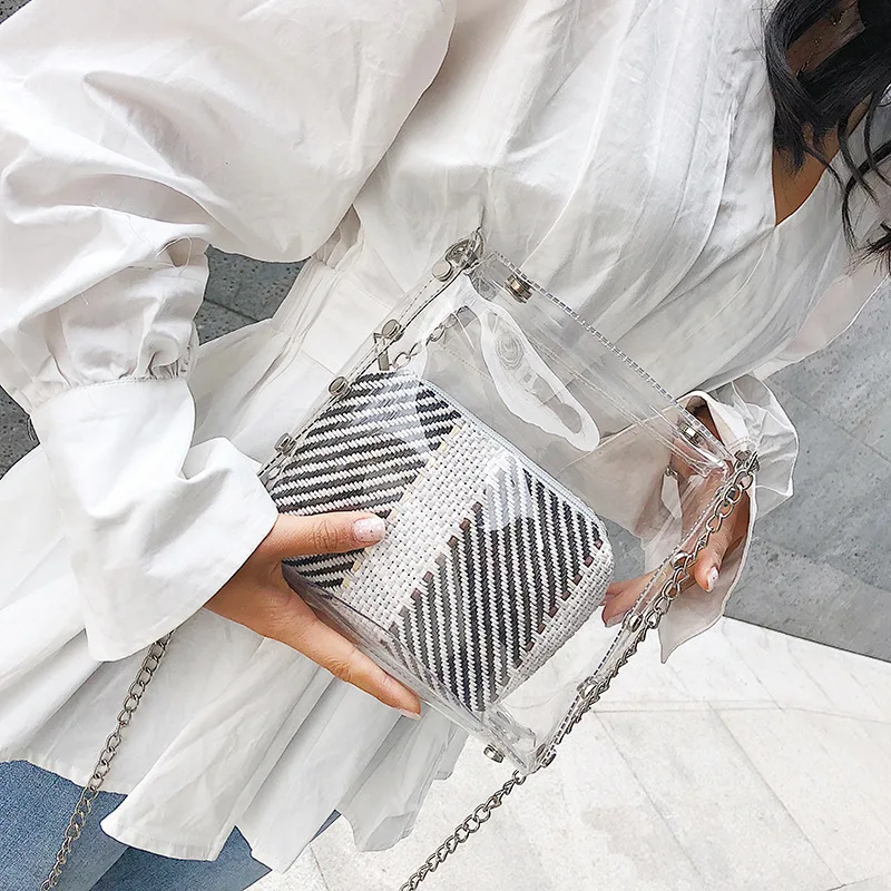Osmond Summer Clear Jelly Bag Set Straw Purses Women Chain Crossbody