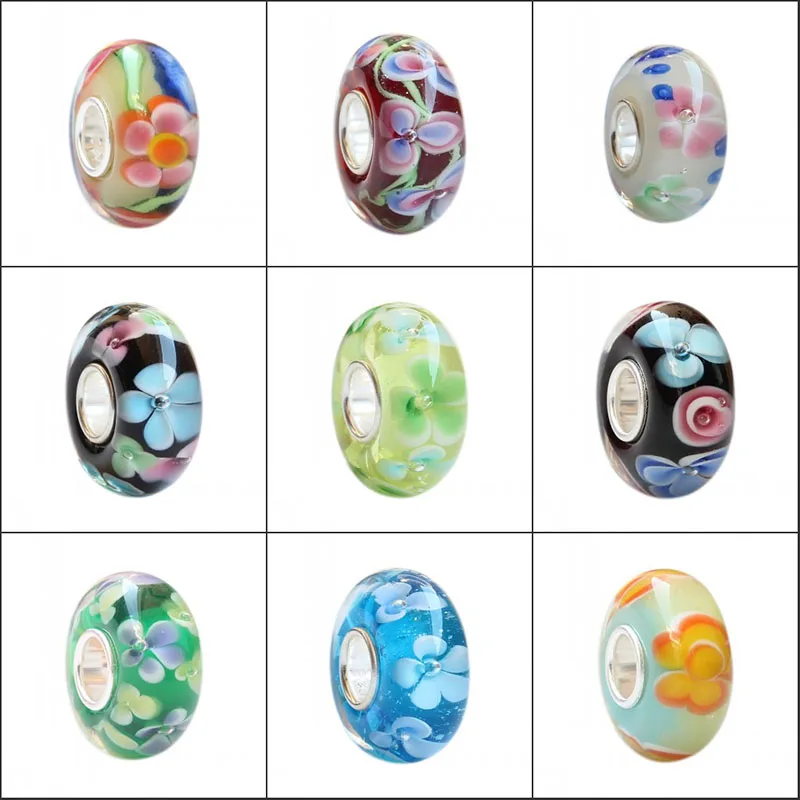925 Sterling Silver Large Hole Colorful 3D Handmade Flowers Glass Charm Beads Fit European Bracelet Jewelry | Украшения и