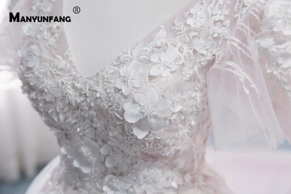 Flare рубашка с короткими рукавами Vestidos De Novias пикантные синее свадебное платье V образным вырезом собор поезд 3D цветы принцесса свадебное