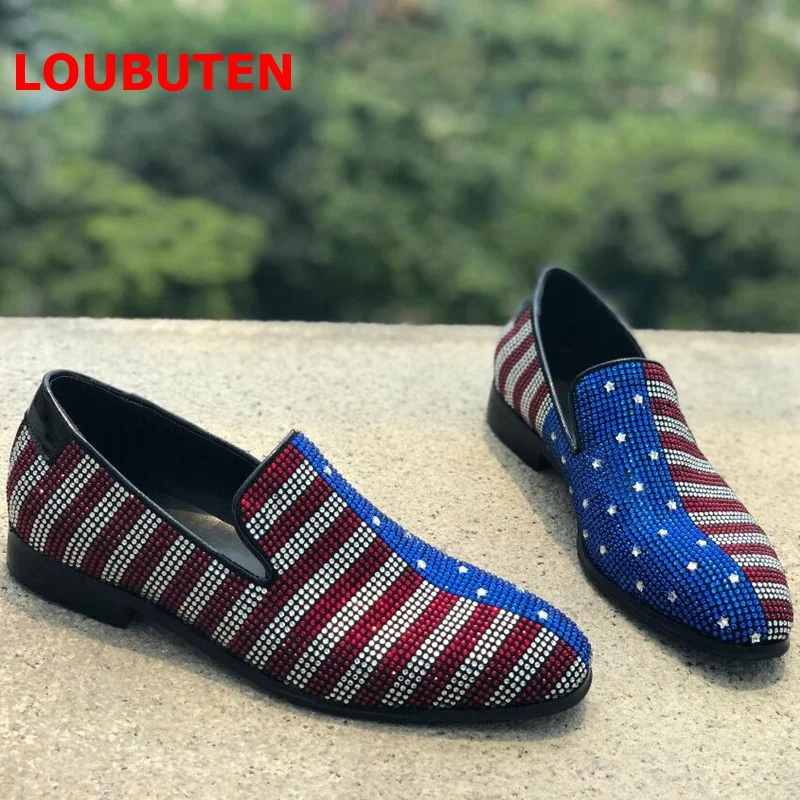 LOUBUTEN Luxury Mixed-color Rhinestone Loafers Men Suede Leather Shoes Handmade Slip On Men's Prom And Wedding Shoes