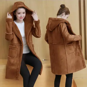 

2018 autumn and winter women's plus velvet thick suede hooded long coat Slim warm cotton coat
