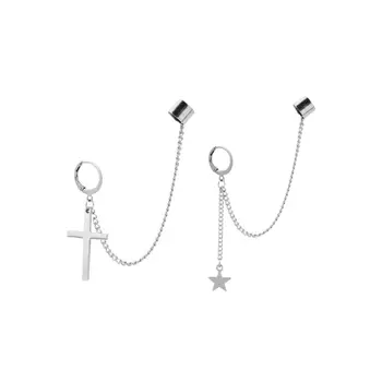 

Stainless Steel Ear Cuffs Dangle Chain Earrings Cross Star Pendant Ring Hoop Set