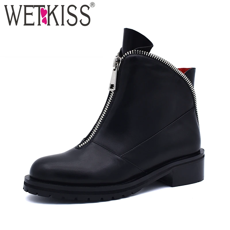 En Ligne WETKISS Plus Taille 34 42 Cheville Bottes Femmes Bout Rond Zip Pu Chaussures Plate Forme des Femmes Boot Épais Med Talons chaussures Femmes 2019 Printemps