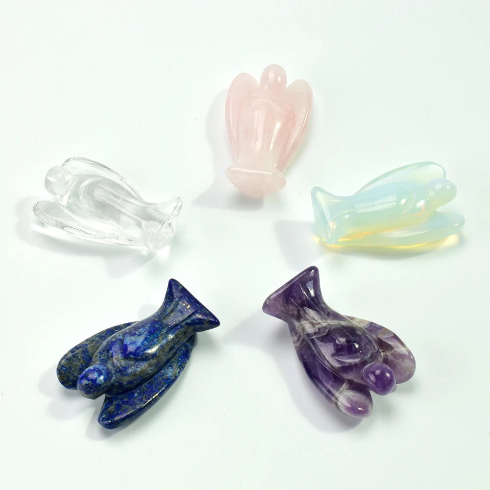 

5Pc 2''Various Material Hand Carved Natural Gemstone Crystal Angel figurine Realistic Healing Stone Carving Sculpture Ornament
