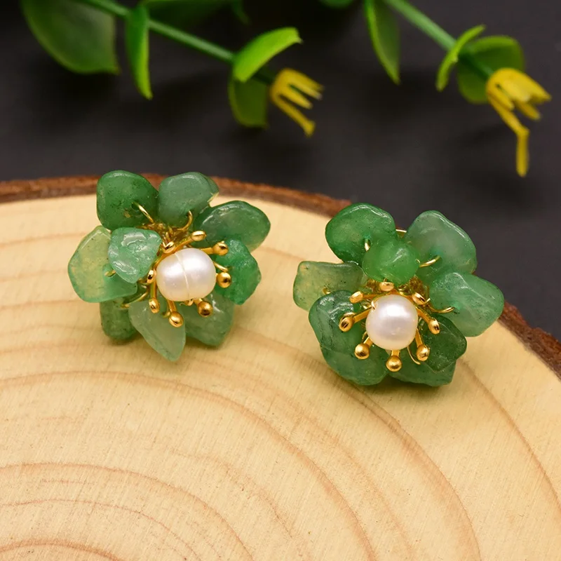 GLSEEVO Natural Jade Pearl Stud Earrings For Women Mom Birthday Day Gift 925 Sterling Silver Flower Earring Fine Jewelry GE0780 - Цвет камня: Green