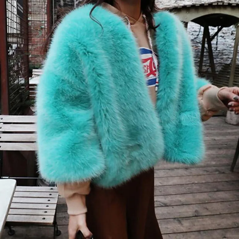 Azzurro Lungo Elegante Giacche Faux Cappotto Hairy Collo Di Invernali Shaggy Cielo Pelliccia Manica Allentato Breve Volpe Lunga O Donna qB1BwTAnEg
