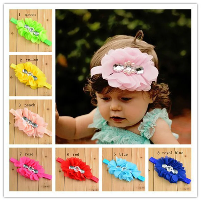 2015 New Baby Hair Accessories Pearl Rhinestone Chiffon Flower Headwear