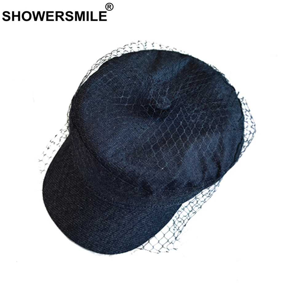 SHOWERSMILE Newsboy Cap Women Black Flat Caps With Veil Ladies Elegant Denim Baker Boy Caps
