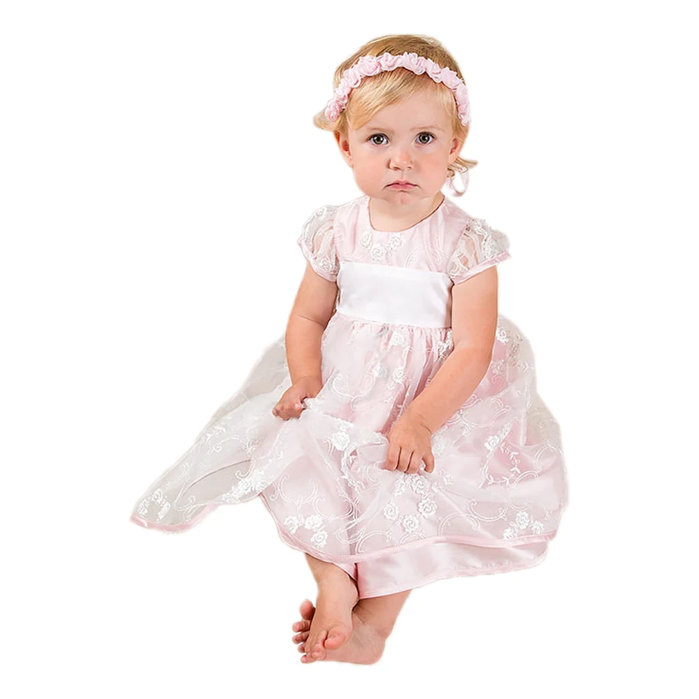 

With Headband Baby Dress 3 Colors Short Sleeves Ankle Length Back Button O-Neck Birthday Dress Vestido Infantil Christening Gown