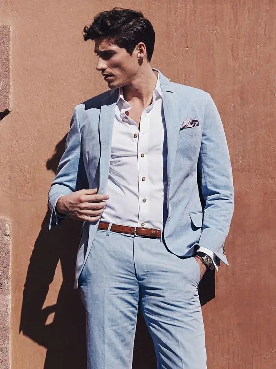 

2018 sky blue linen men suit notched lapel suit for summer beach wedding prom casual loose tailor made suit blazer jacket+pants