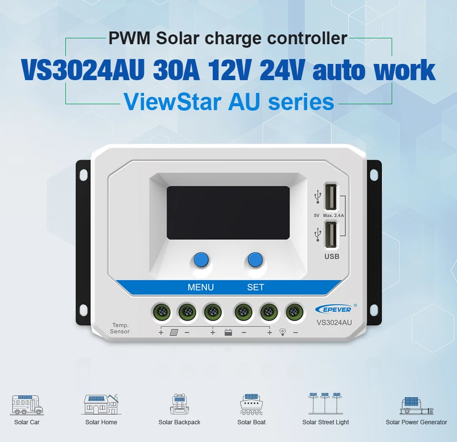 EPever 30A Solar Charger Controller 12V 24V Auto Backlight LCD High Efficiency Solar Regulator PWM with Dual USB Output VS3024AU_01
