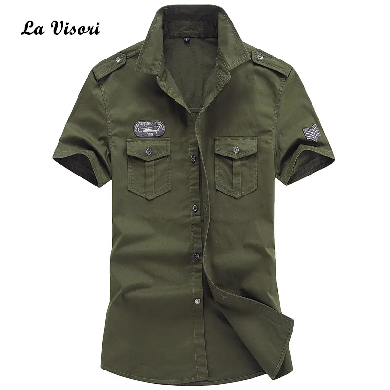 Men dress shirts Short Sleeve Military Shirts Cotton army badge