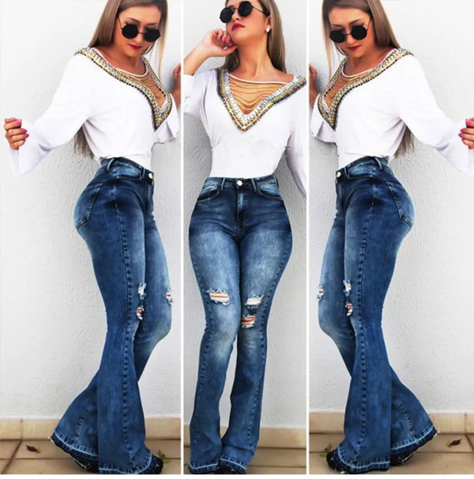 jeans woman new Retro wash elastic hips South American style wide leg flare plus size women jeans